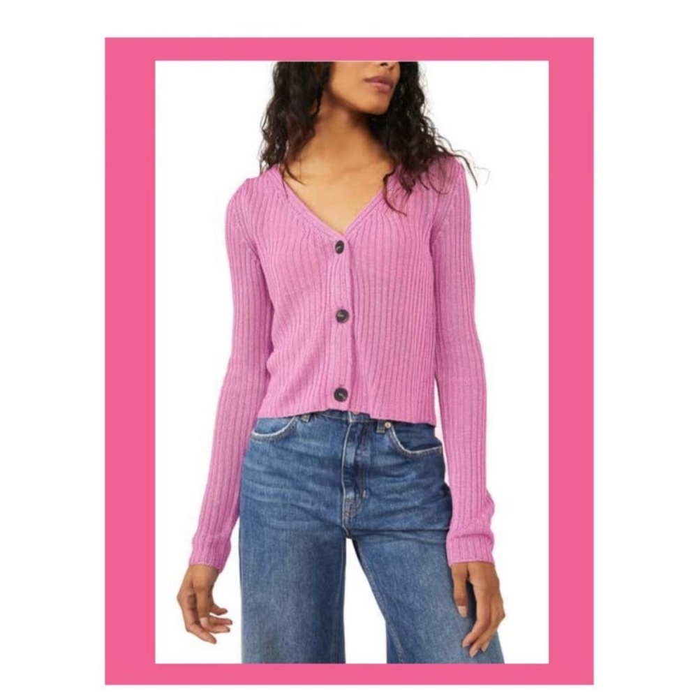 NWT Free People Long Sleeved Game On Cardigan in Butterfly Bush Pink Size Small